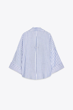 ZARA РУБАШКА ИЗ СМЕСОВОГО ЛЬНА С ШИРОКИМИ РУКАВАМИ, СИНИЙ/БЕЛЫЙ