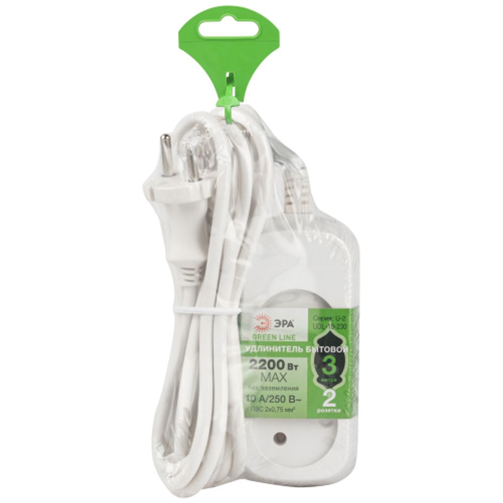 Удлинитель электрический ЭРА UDL-10-230 Greenline 2 розетки без заземления 3м ПВС 2x0.75мм2 | Бытовые удлинители