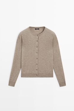 Massimo Dutti Кардиган из тонкого трикотажа с круглым вырезом, пестро-бежевый
