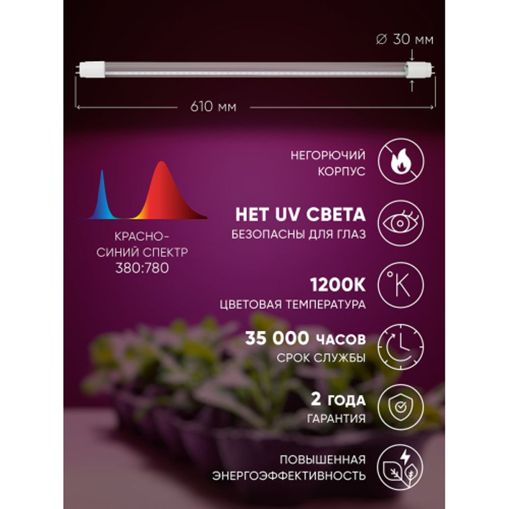 Фитолампа для растений светодиодная ЭРА FITO-9W-RB-Т8-G13-NL и мясных прилавков 9 Вт Т8 G13 красно-синего спектра