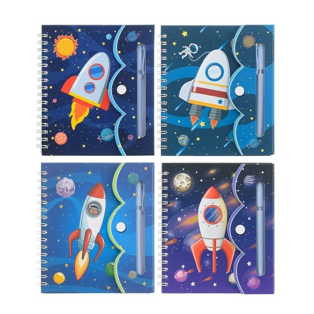 Блокнот детский Basir, с ручкой, на липучке, формат А6, серия "Космос", переплет 7БЦ, 15*13 см, 48 листов, ассорти