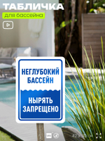 Табличка для бассейна "Неглубокий бассейн, нырять запрещено", на пляж, для общественной и частной зоны отдыха, информационная, 40х30 см, Silver Plane x Айдентика Технолоджи