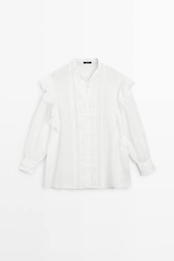 Massimo Dutti Блуза с воротником-стойкой, вышивкой и оборками, белый