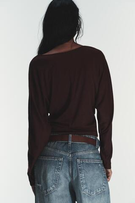 ZARA ФУТБОЛКА С ДРАПИРОВКОЙ, ШОКОЛАДНЫЙ