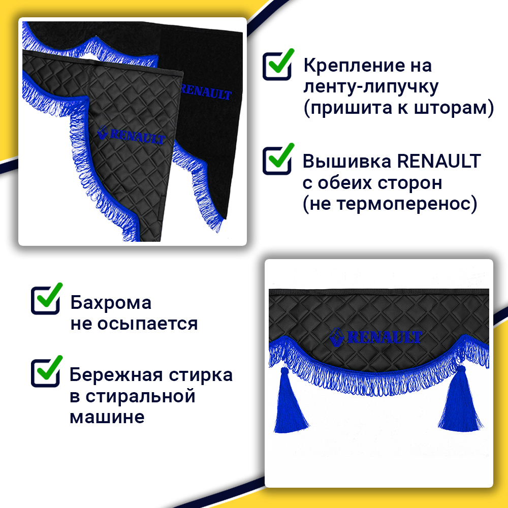 Ламбрекен с косынками стеганые Renault (экокожа, черный, синяя лапша)