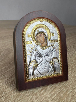 Семистрельная БМ, икона арочная, красное дерево, 86х112