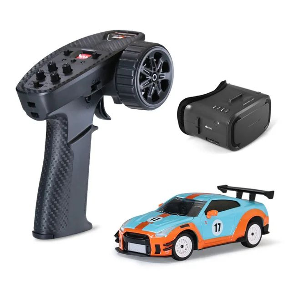 Радиоуправляемая модель для дрифа Nissan GTR оранжевый c камерой и гироскопом 1:43 , Набор Sniclo FPV MG 117 , Машина+пульт+Очки FPV V2