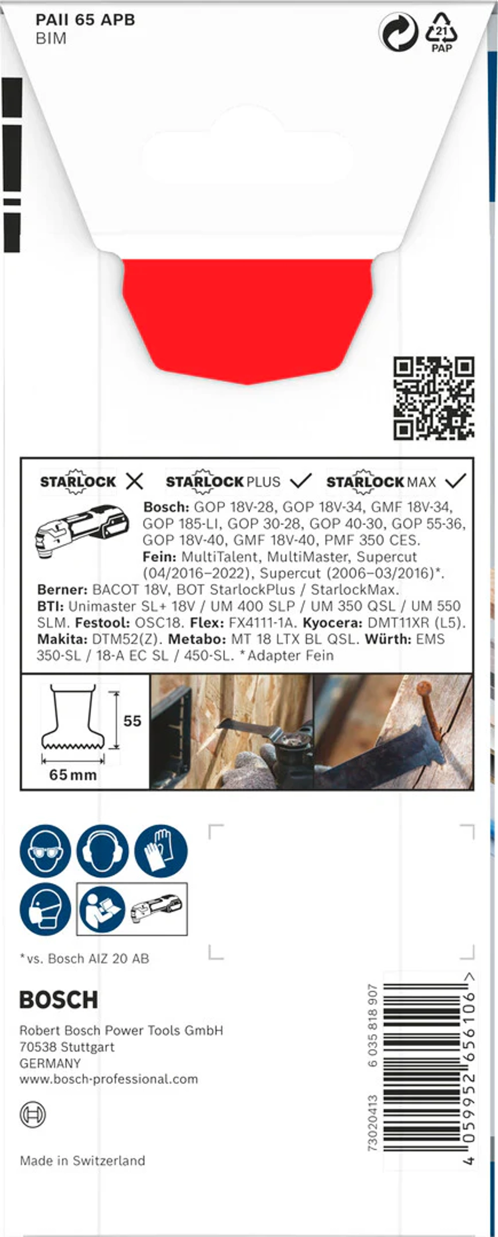Погружное полотно 65х55 мм Wood and Metal PRO StarlockPlus BIM PAII 65 APB BOSCH 2608669131
