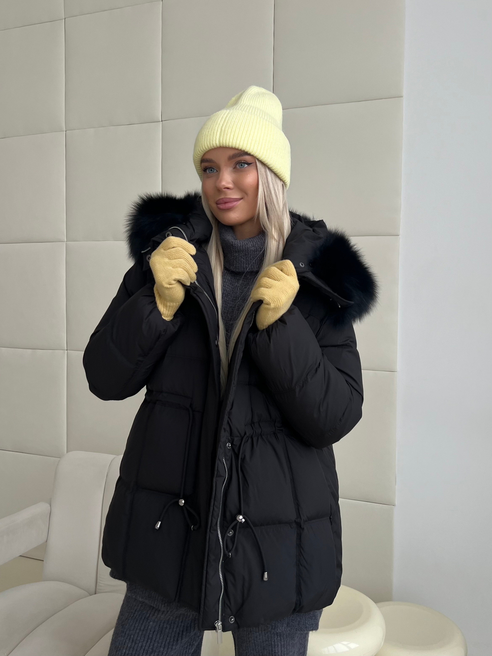 Пуховик Fresh миди с кулиской черный