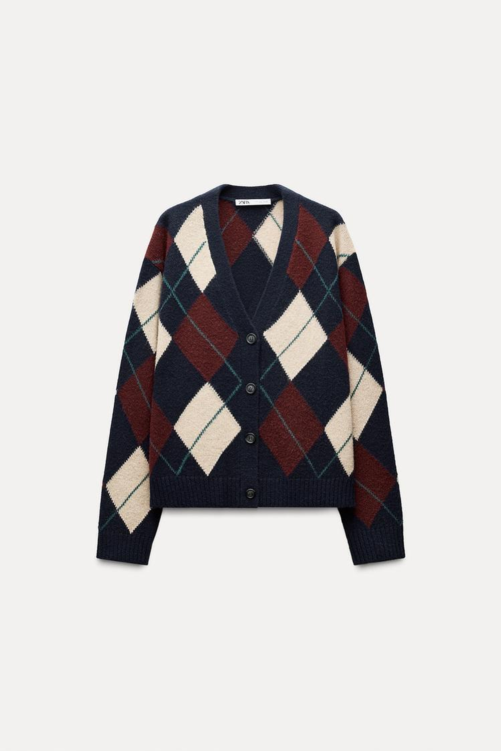 ZARA КАРДИГАН ИЗ СМЕСОВОЙ ШЕРСТИ С УЗОРОМ «РОМБЫ», МОРСКОЙ СИНИЙ