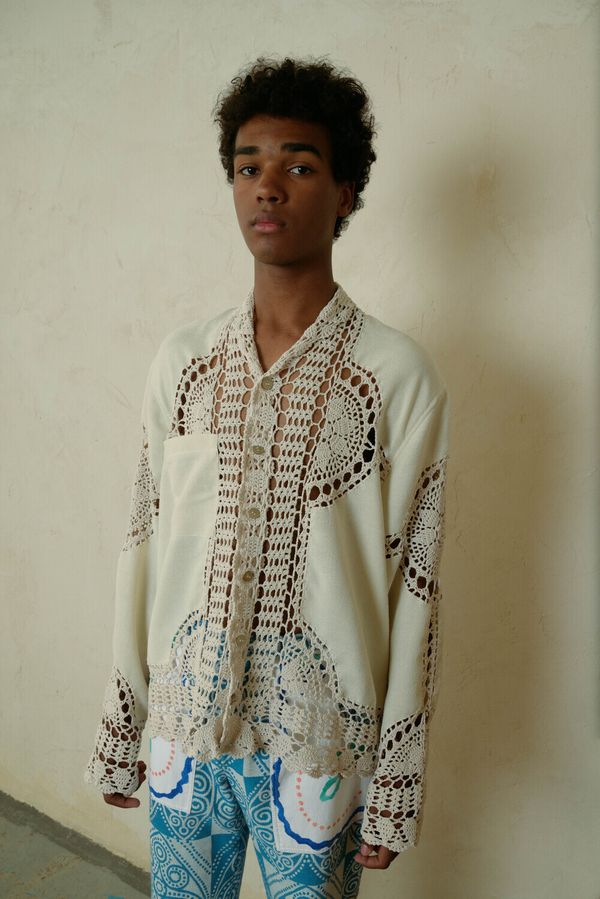 Рубашка с Мягким Воротником / Morning Gown Crocheted Long Sleeve бежевая - фото 1