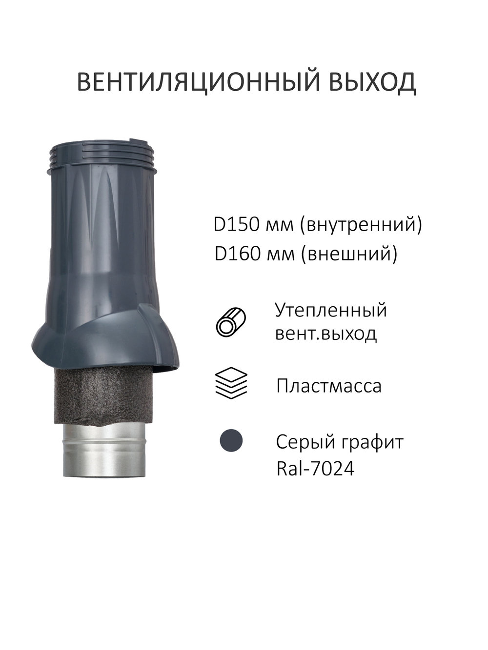 Комплект активной вентиляции: Вентиляционный выход изолированный D 150/160 мм высота H-500 серия Static, проходной элемент PROF-21 для металлопрофиля С21 серия Static, ротационная вентиляционная турбина Ø 160 мм серия Twister, серый Gervent