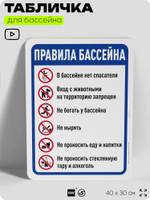 Табличка для бассейна "Правила бассейна", на пляж, для общественной и частной зоны отдыха, информационная, 40х30 см, Silver Plane x Айдентика Технолоджи