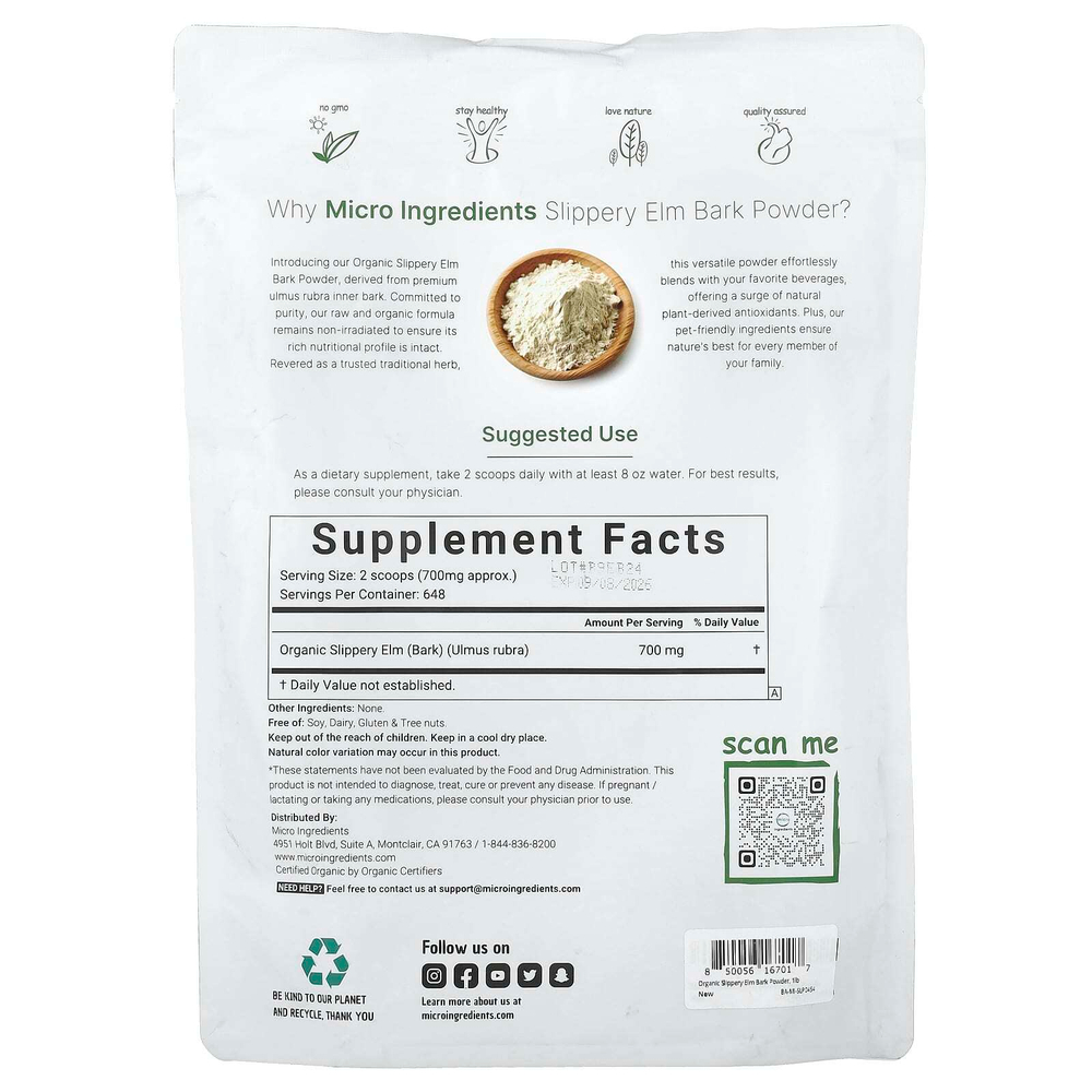 Micro Ingredients, Органический порошок из коры вяза скользкого, 454 г (1 фунт)