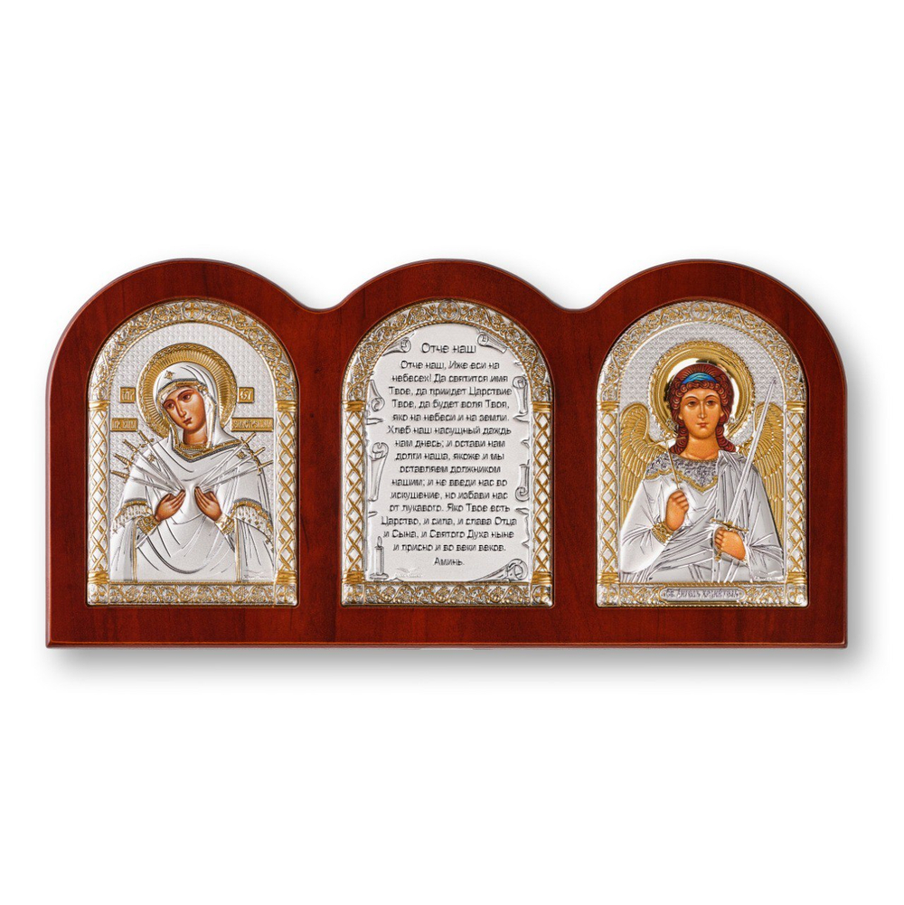 Триптих, Семистрельная БМ, Ангел, Молитва, икона, красное дерево 320х160