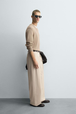 ZARA БРЮКИ WIDE FIT СО СКЛАДКАМИ, БЕЖЕВЫЙ