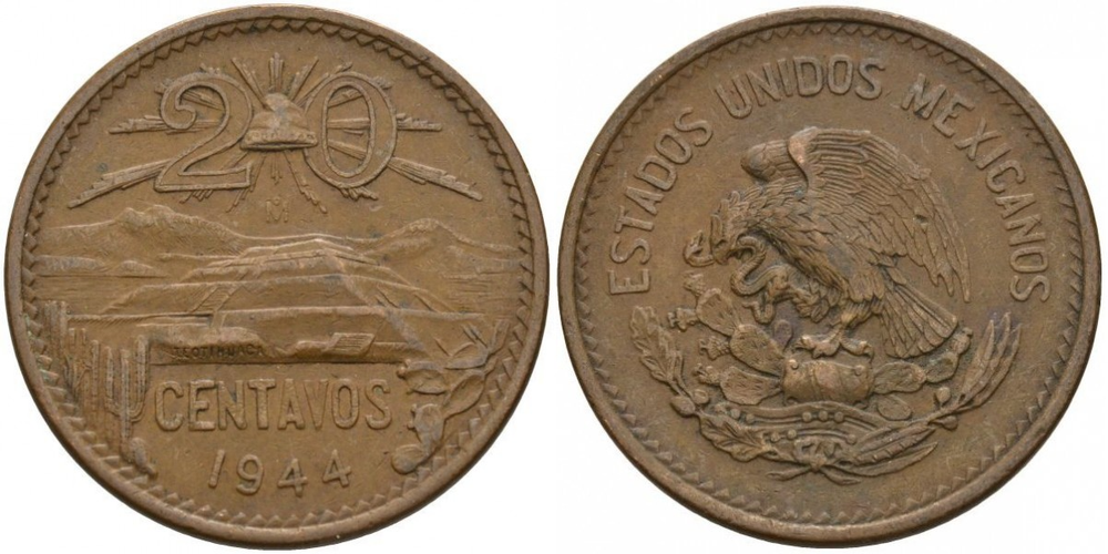 Мексика 20 сентаво, 1943 - 1955 Пирамида Солнца XF