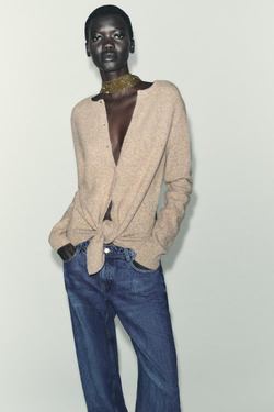 ZARА ВЯЗАНЫЙ КАРДИГАН С УЗЛОМ, СЕРО-КОРИЧНЕВЫЙ МЕЛАНЖ