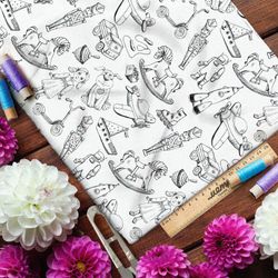 Ткань оксфорд 600 эскизы детских игрушек на бежевом фоне