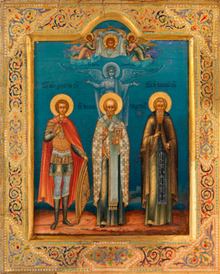 Икона святые Дмитрий Солунский, Николай Чудотворец и Макарий Калязинский на дереве на левкасе