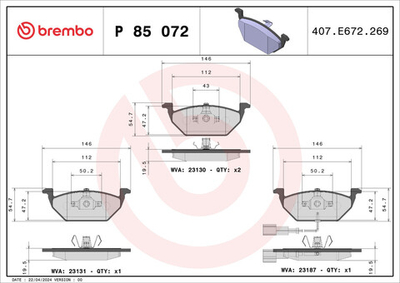 BREMBO - P85072-BRB - Brake Pad Set, disc brake