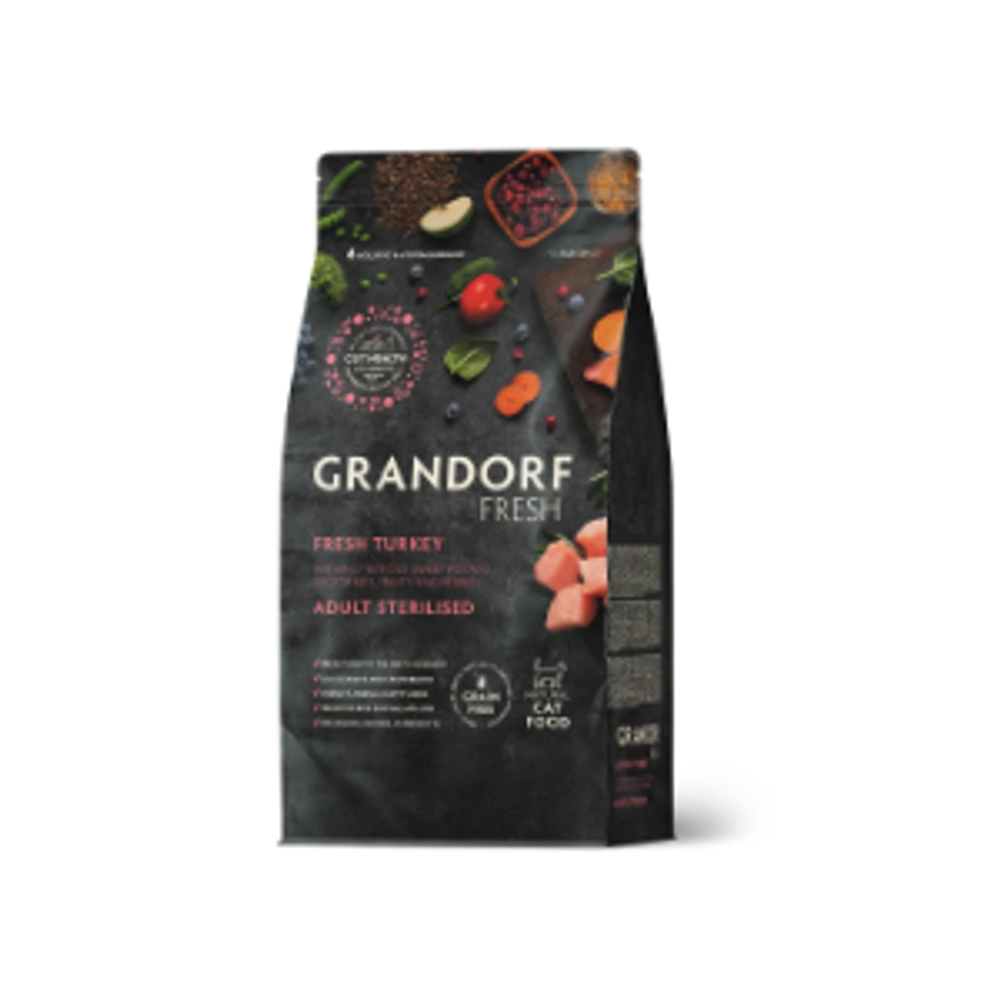 Сухой корм GRANDORF FRESH CAT Turkey STERILISED беззерновой, индейка с бататом для стерилизованных кошек, диетическая формула при аллергии 2кг