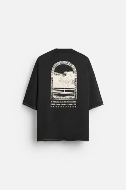 ZARA ФУТБОЛКА С КОНТРАСТНЫМ ПРИНТОМ, ЧЕРНЫЙ