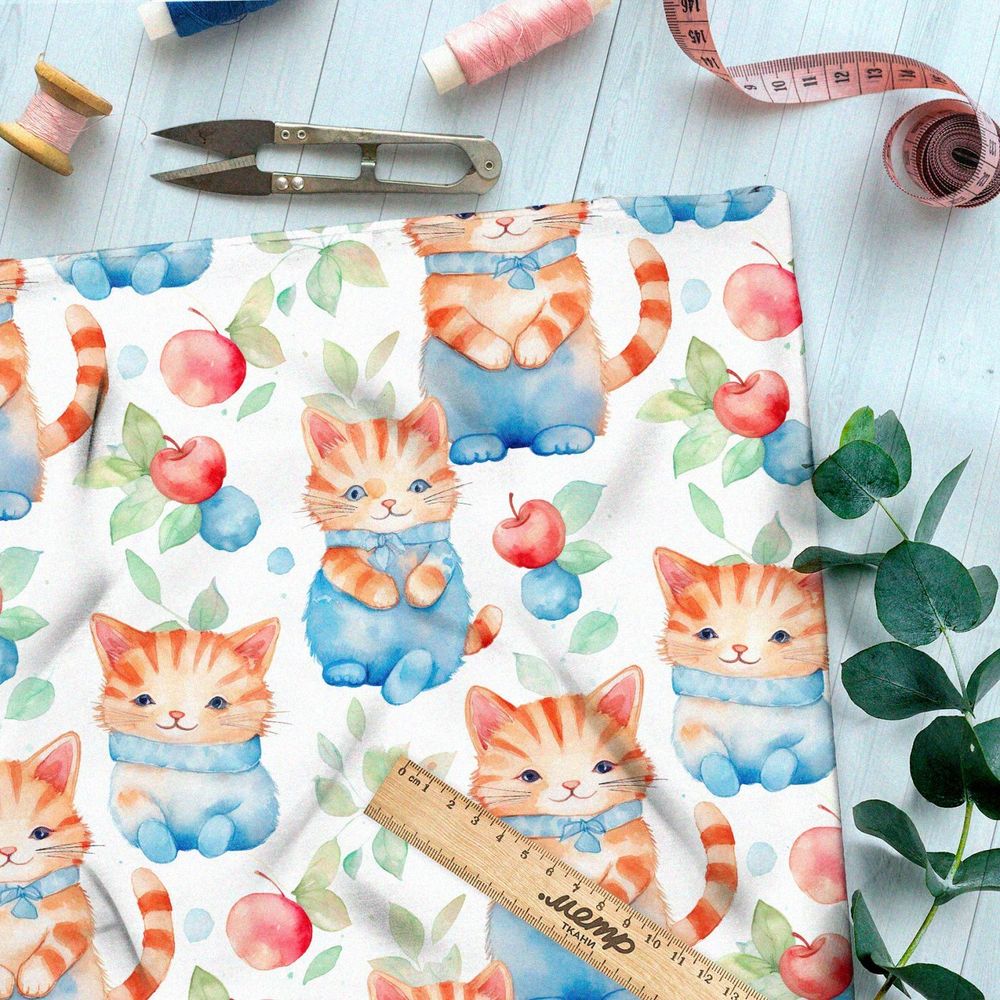 Ткань премиум шелк искусственный Армани акварельные коты