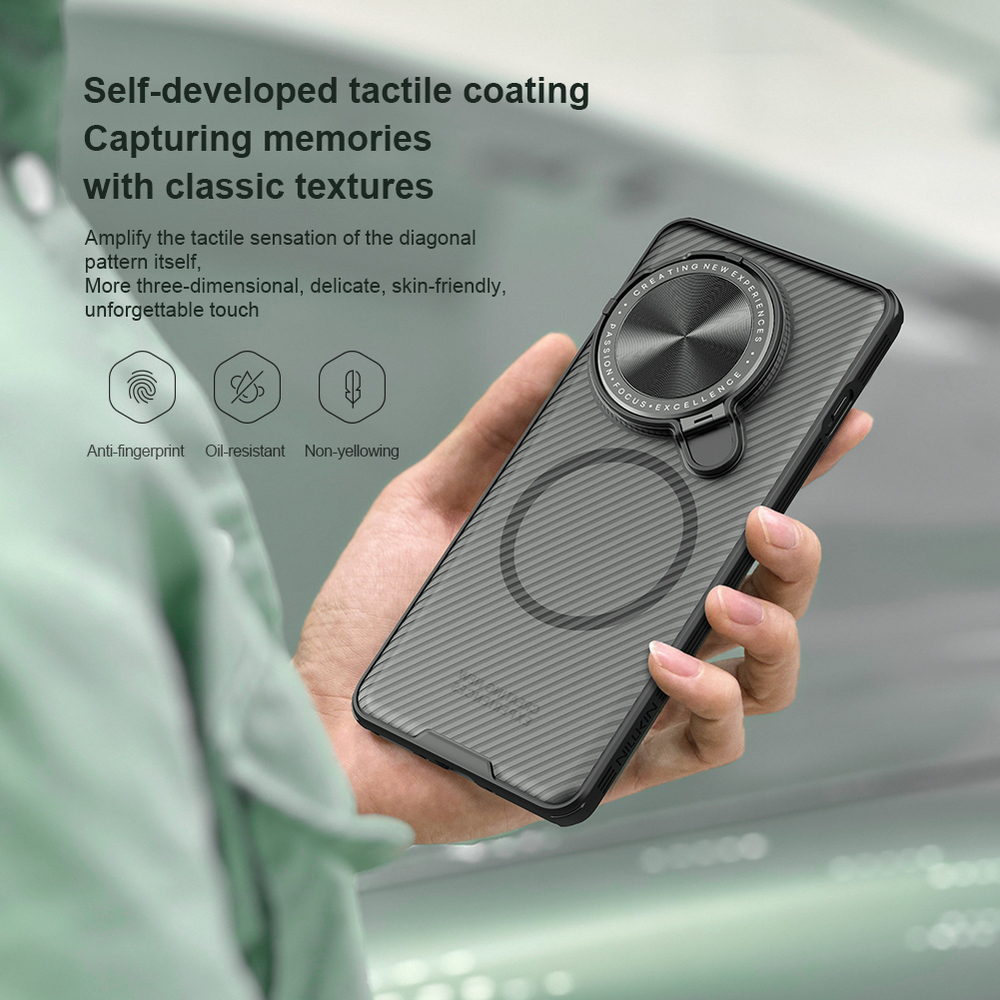 Чехол прозрачный тонированный (Transparent Black) от Nillkin с металлической крышкой и MagSafe на OnePlus 13, серия CamShield Prop Magnetic Case