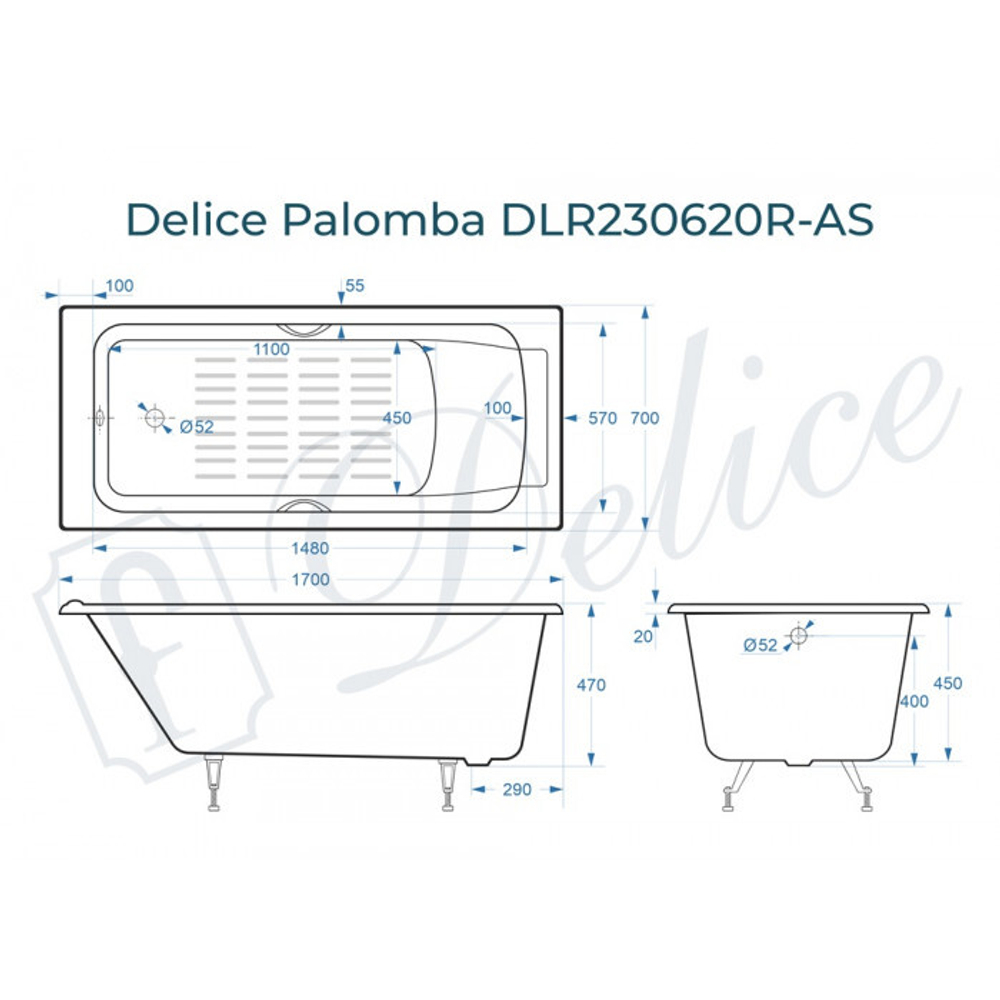 Ванна чугунная Delice Palomba 170х70 с отверстиями под ручки и антискользящим покрытием DLR230620R-AS