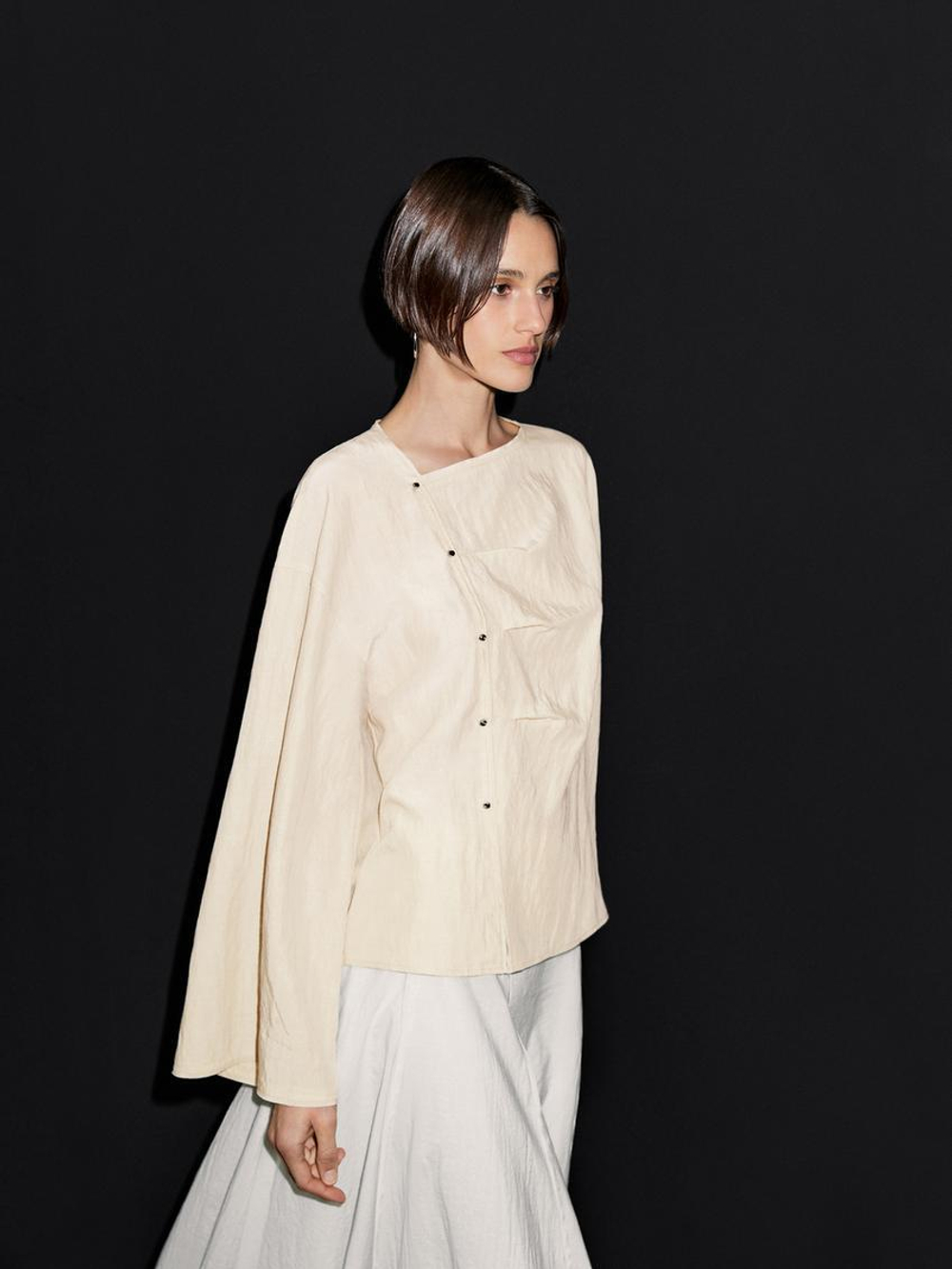 Massimo Dutti Блуза с длинными рукавами и застежкой на пуговицы сбоку, натуральный, кремовый