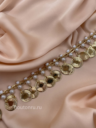 Цепь / бахрома золотистая металлическая декоративная (с монетами и жемчугом) монисты