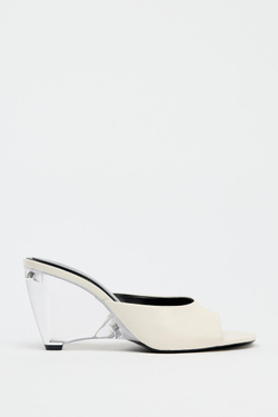 ZARA КОЖАНЫЕ ТУФЛИ-МЮЛИ НА ПРОЗРАЧНОЙ ТАНКЕТКЕ, ЭКРЮ