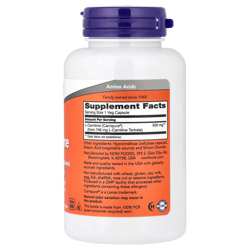 NOW Foods, L-карнитин, 500 мг, 60 растительных капсул