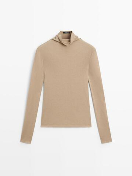 Massimo Dutti Футболка из смеси лиоцелла и шерсти с длинными рукавами, бежевый