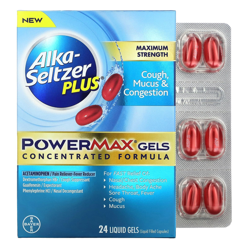 Alka-Seltzer Plus, Гели от кашля, слизи и заложенности носа PowerMax, максимальная эффективность, 24 жидких геля