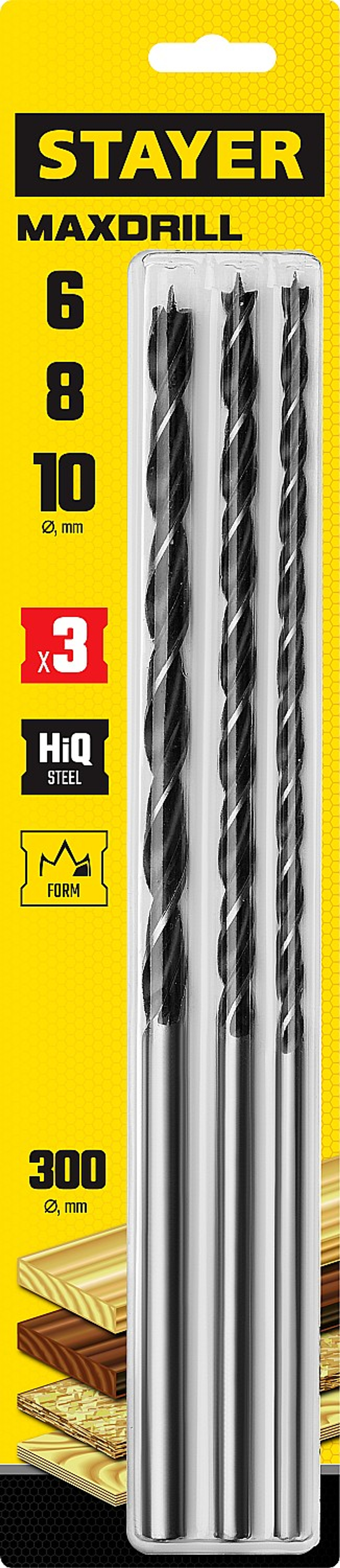 STAYER Maxdrill, 3 шт: 6-8-10 х 300 мм, набор сверл спиральных по дереву (2943-300-H3)