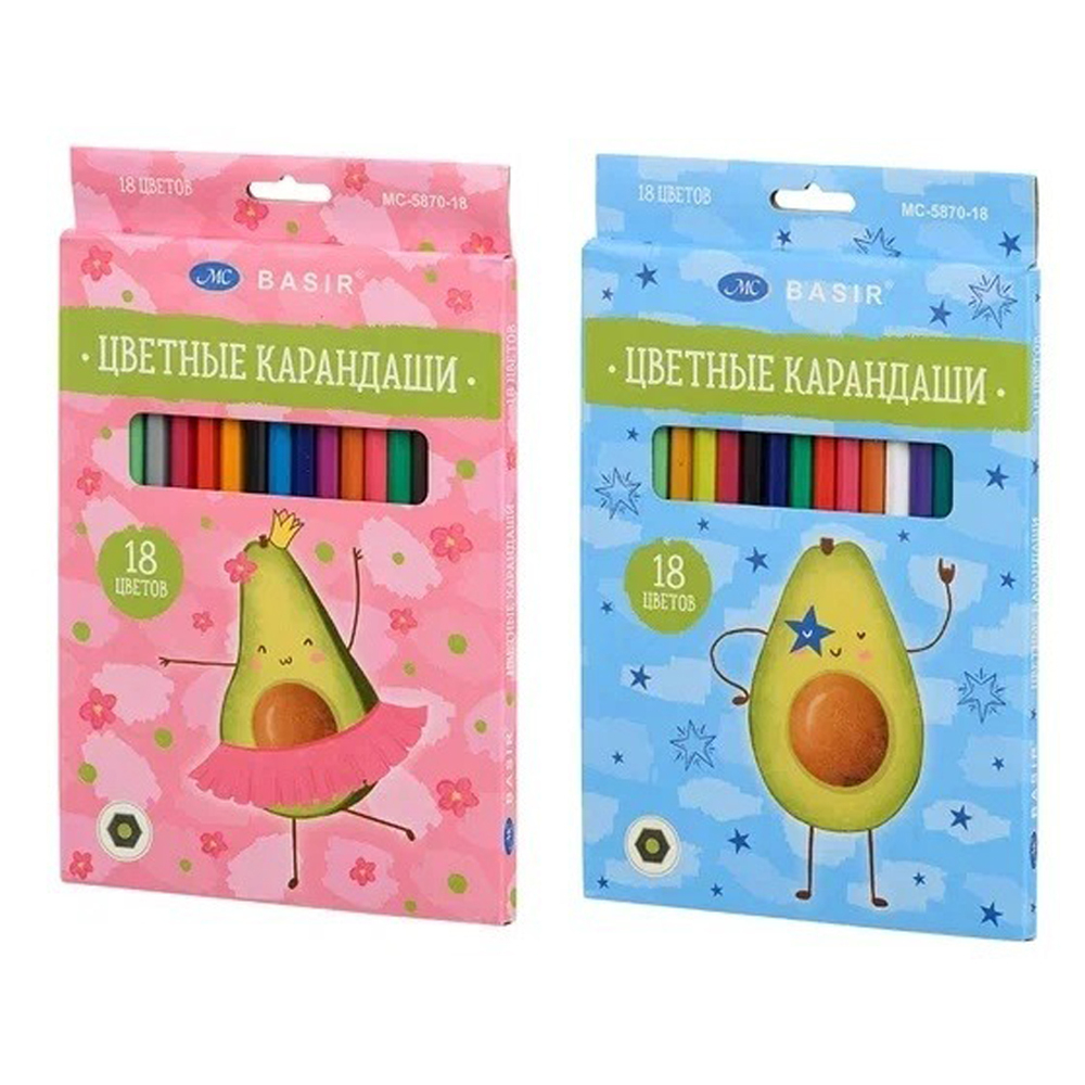 Карандаши цветные, Basir, пластиковые, серия "Авокадо", цветная упаковка, 18 шт