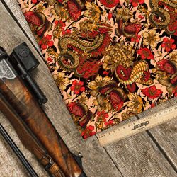 Ткань оксфорд 600 красные кобры и золотые цветы