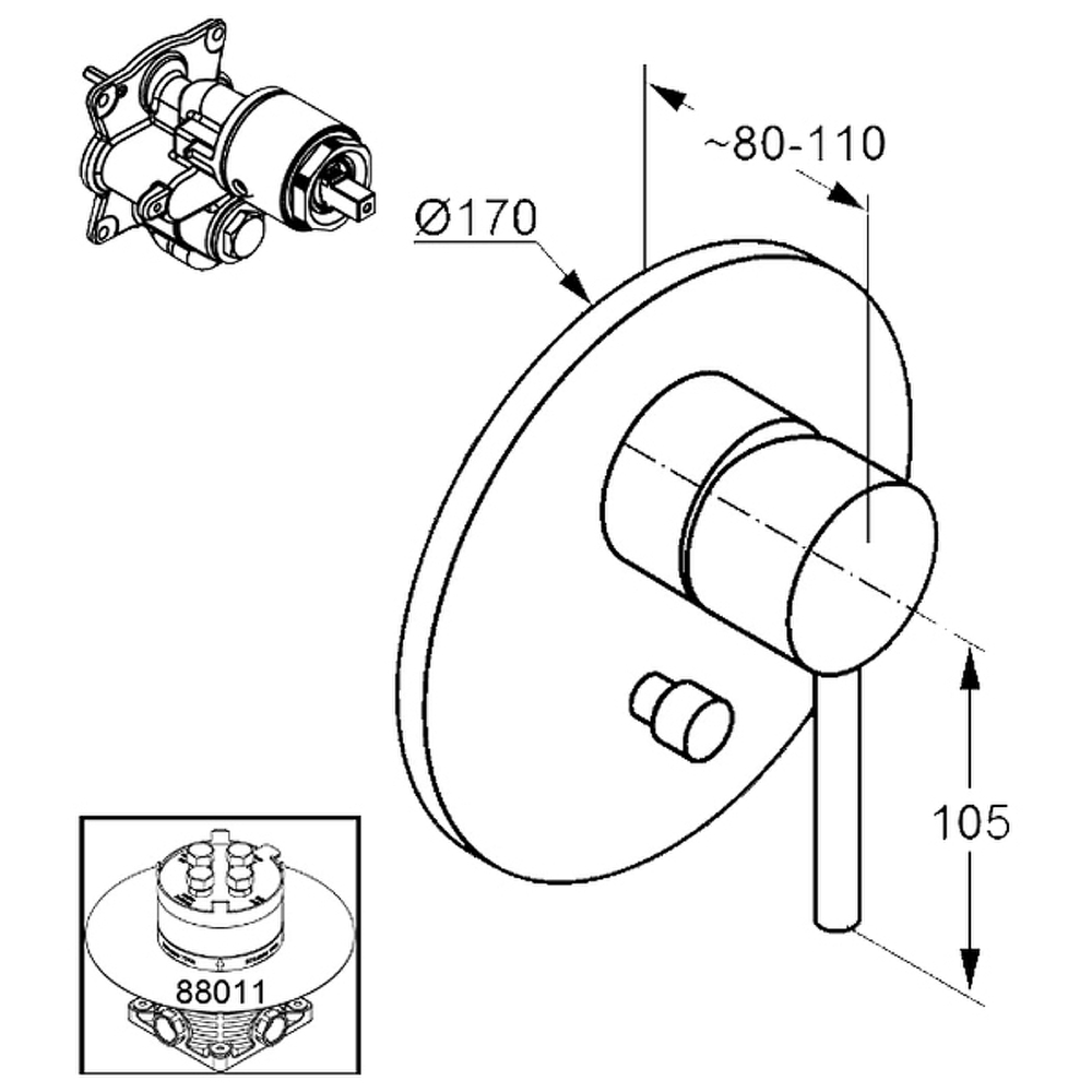 Смеситель для ванны и душа Kludi Bozz 386500576 Хром, встроенный схема