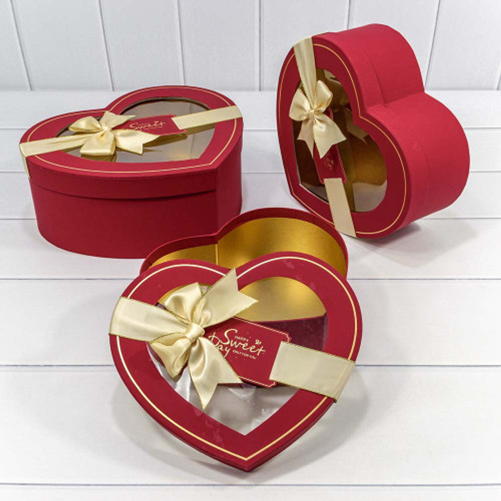 Коробка 29.8х25.5х11.5 см Набор 3 шт "Сердце" с бантом (Красный)