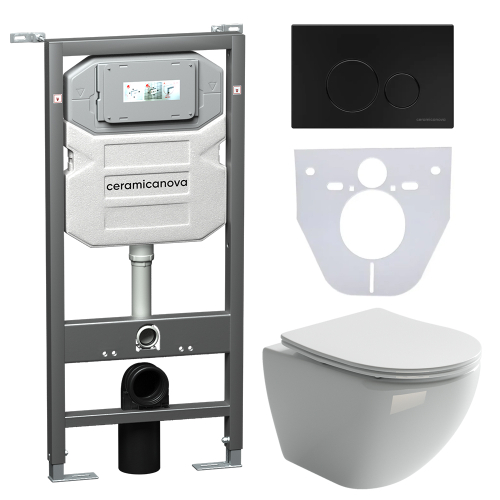Комплект подвесной безободковый унитаз Ceramica Nova Metropol Rimless CN4002 с микролифтом + система инсталляции Envision CN1001B с кнопкой смыва Round чёрный матовый и шумоизоляционной панелью