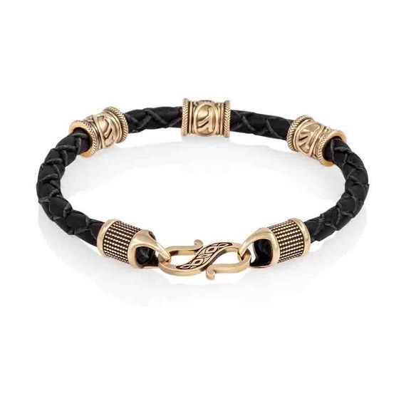 Браслет гайтан черный 5 мм с тремя рунами Феху Бронза, вид 2