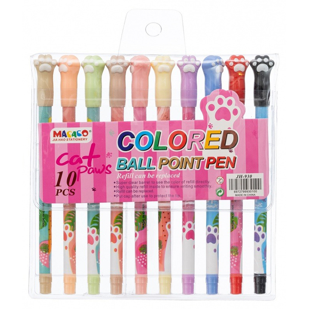 Ручка шариковая, масляная, Basir, цветные чернила, серия "ЛАПКИ", цветной корпус с фигуркой, набор 10 шт