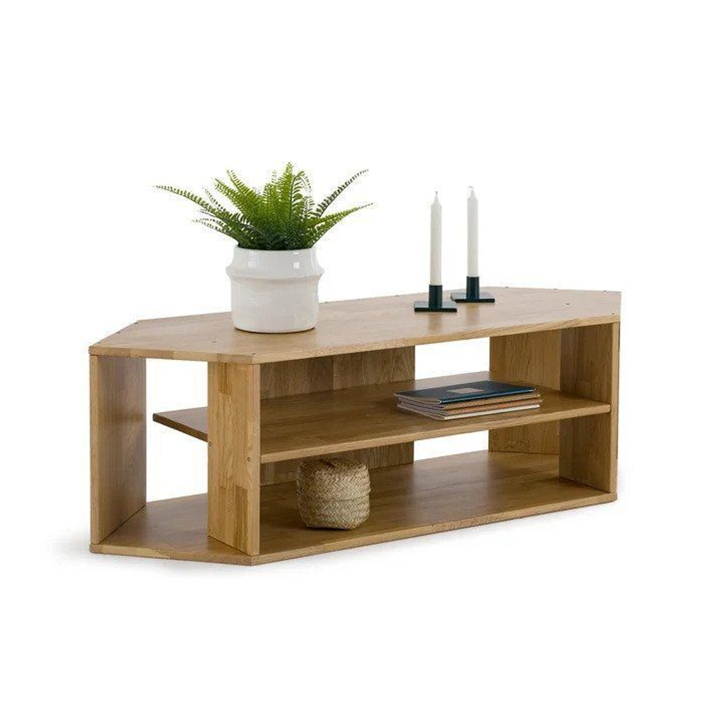 Тумба под телевизор угловая Эдгар 114х39.5х35 см деревянная с полками дизайнерская / Тумба под тв из массива дуба, натуральный дуб