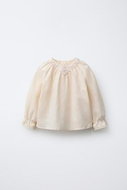 ZARA БЛУЗА С ВЫШИВКОЙ И КРУЖЕВОМ, ЭКРЮ