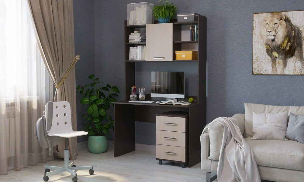 Стол компьютерный с ящиками и полками Ясень Шимо тёмный/Ясень Шимо светлый 111,8х57х187 см