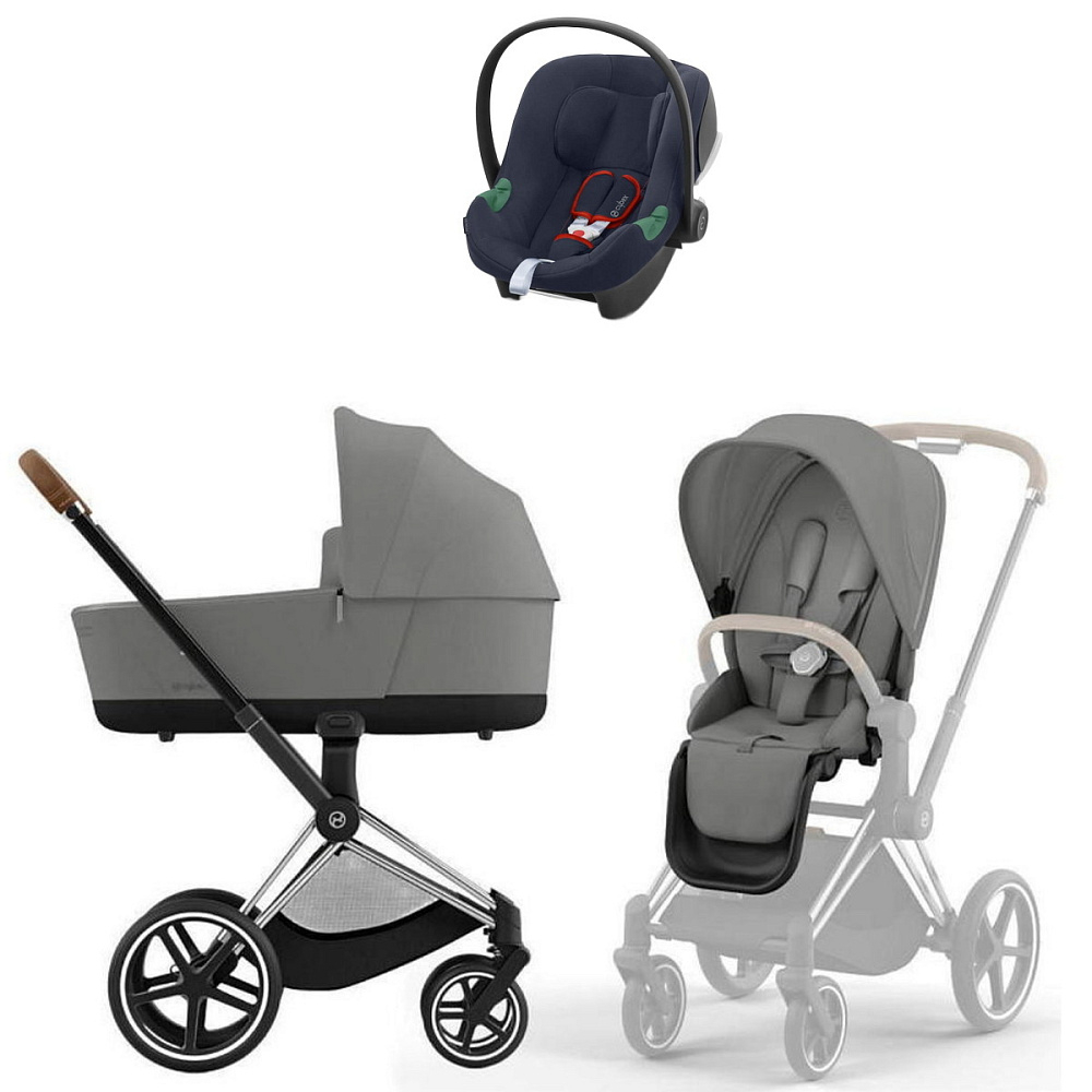Коляска Cybex Priam IV Chrome Brown complete Aton B2 Bay Blue Base One 4 в 1 Mirage Grey