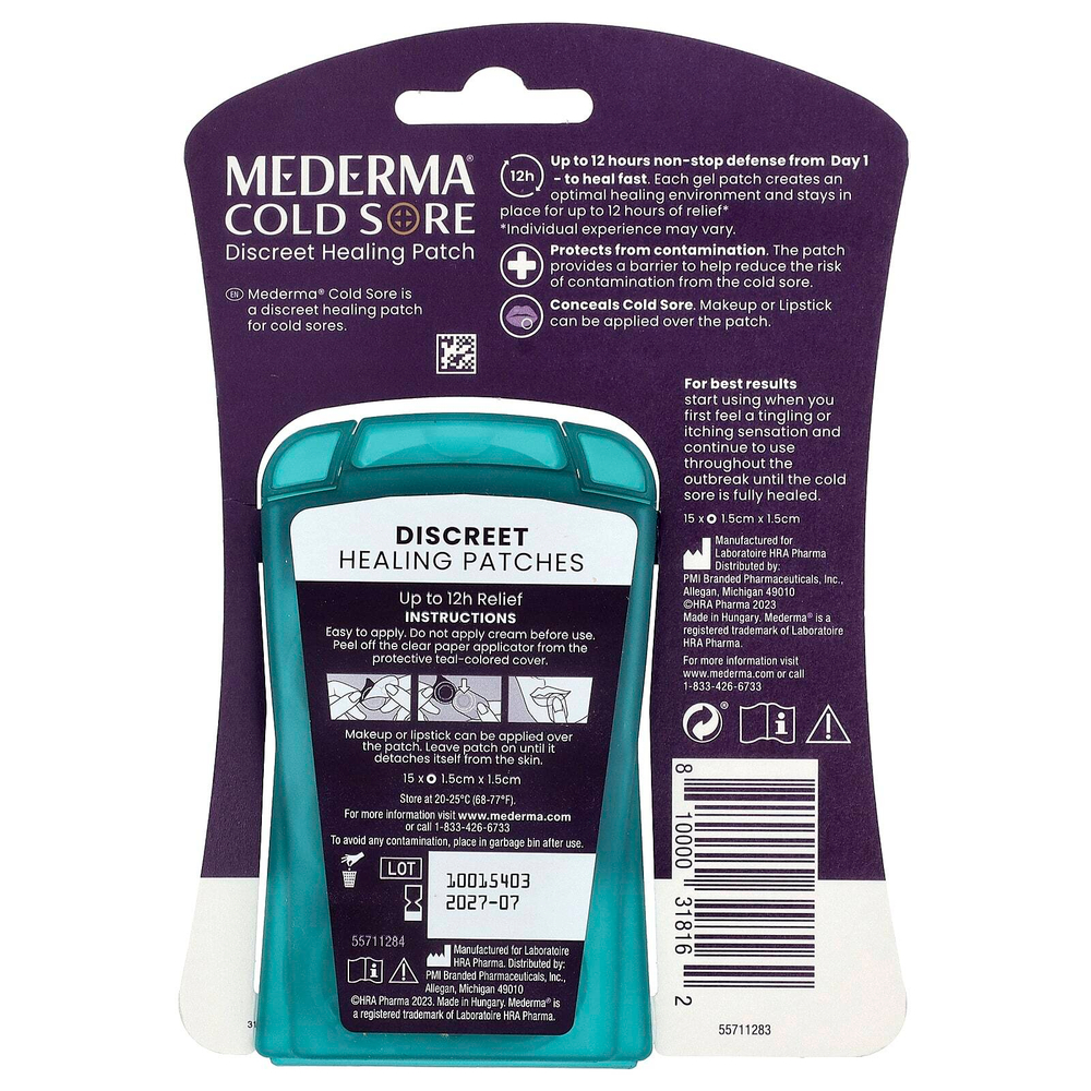 Mederma, герпес, незаметный заживляющий патч, 15 шт.