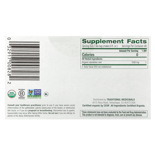 Traditional Medicinals, Органический травяной чай, обжаренный корень одуванчика, без кофеина, 48 чайных пакетиков, 72 г (2,53 унции)